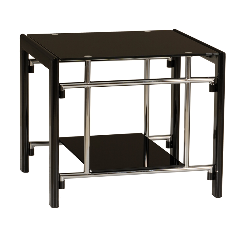 Linon Dart End Table (Set of 2) Top & Bottom Glass Shelves in Glossy Black Steel