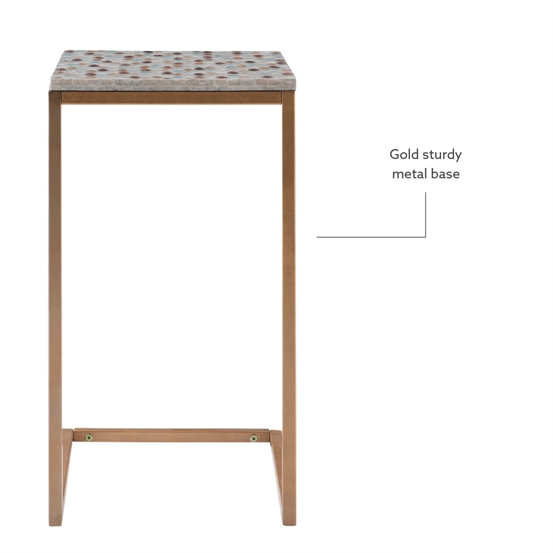 Linon Paola Capiz Shell Fish Mosaic Iron C-Frame Accent Table in Gold/Cream