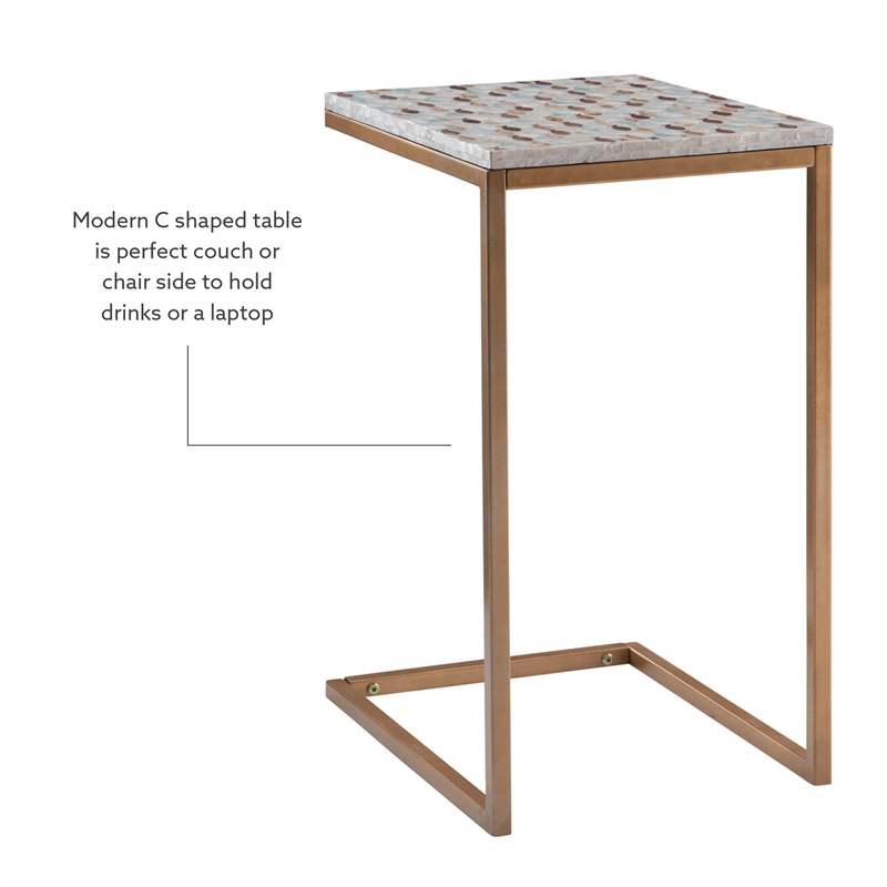 Linon Paola Capiz Shell Fish Mosaic Iron C-Frame Accent Table in Gold/Cream