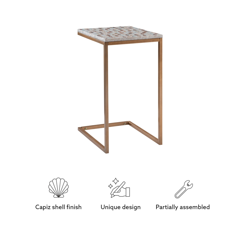 Linon Paola Capiz Shell Fish Mosaic Iron C-Frame Accent Table in Gold/Cream