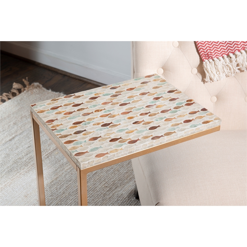 Linon Paola Capiz Shell Fish Mosaic Iron C-Frame Accent Table in Gold/Cream