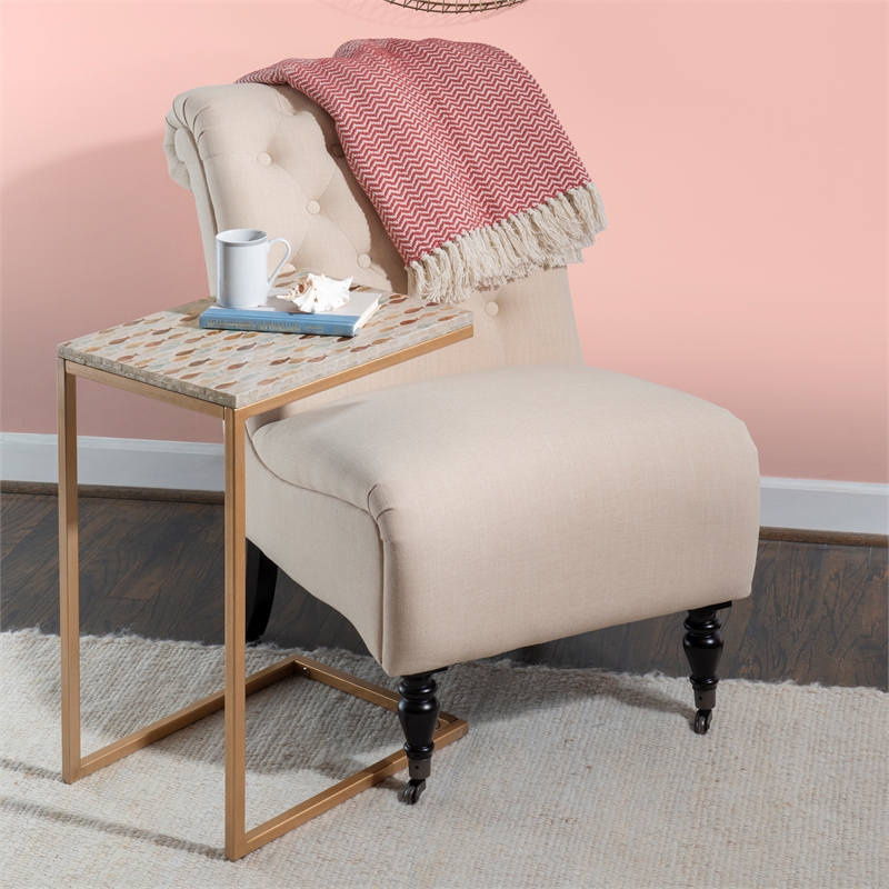 Linon Paola Capiz Shell Fish Mosaic Iron C-Frame Accent Table in Gold/Cream