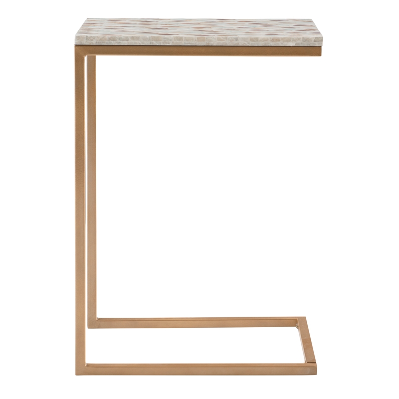 Linon Paola Capiz Shell Fish Mosaic Iron C-Frame Accent Table in Gold/Cream