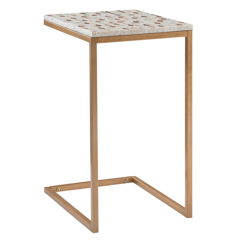 Linon Paola Capiz Shell Fish Mosaic Iron C-Frame Accent Table in Gold/Cream