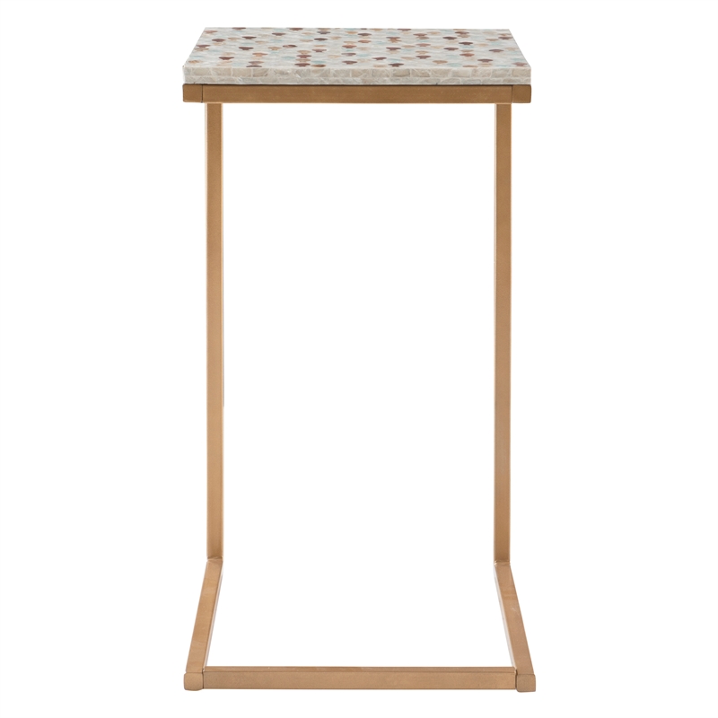 Linon Paola Capiz Shell Fish Mosaic Iron C-Frame Accent Table in Gold/Cream