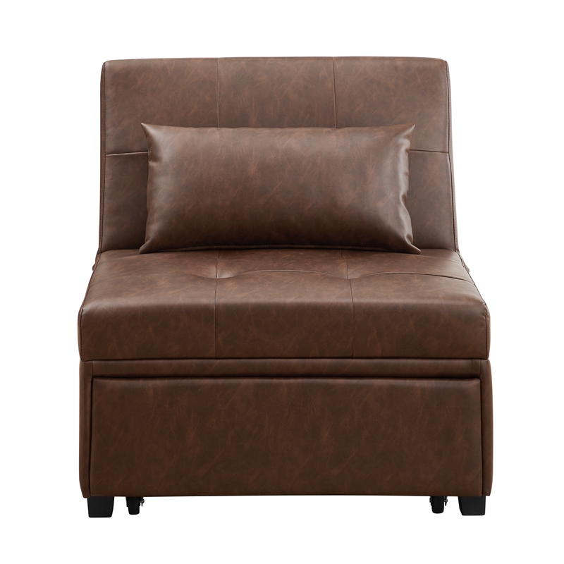 Linon Boone Upholstered Faux Leather Convertible Chair to Sofa Bed in Brown