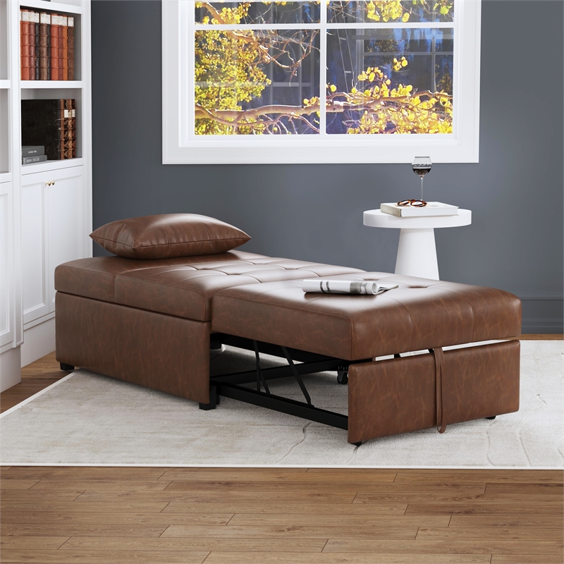 Linon Boone Upholstered Faux Leather Convertible Chair to Sofa Bed in Brown