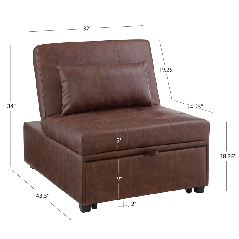 Linon Boone Upholstered Faux Leather Convertible Chair to Sofa Bed in Brown