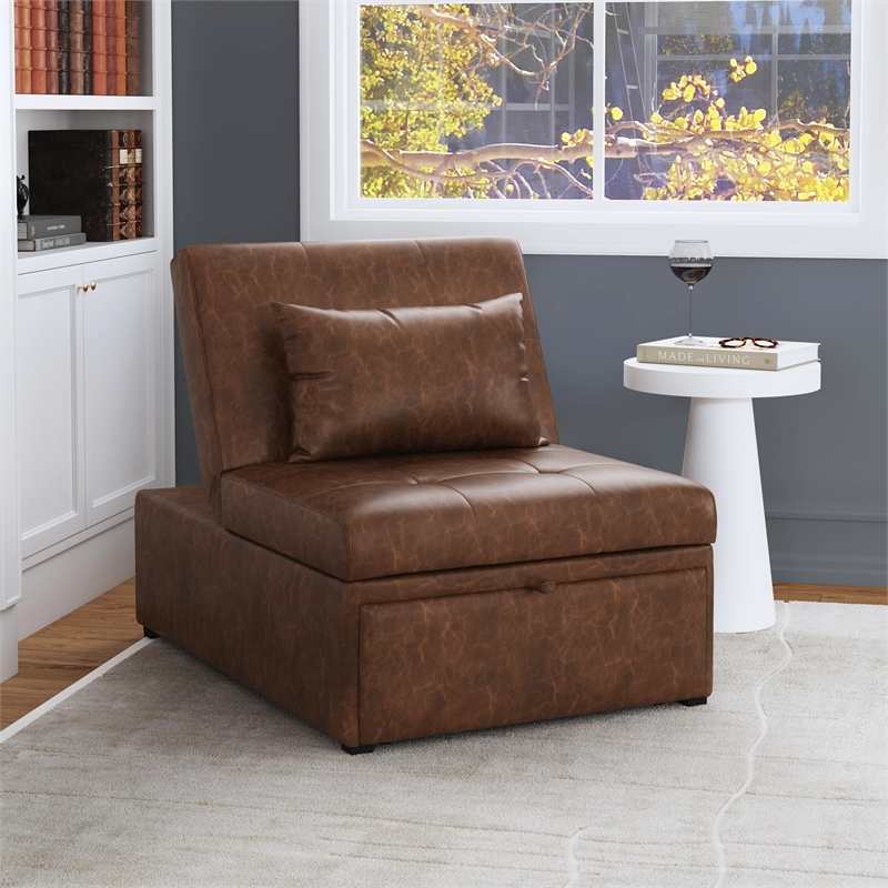 Linon Boone Upholstered Faux Leather Convertible Chair to Sofa Bed in Brown