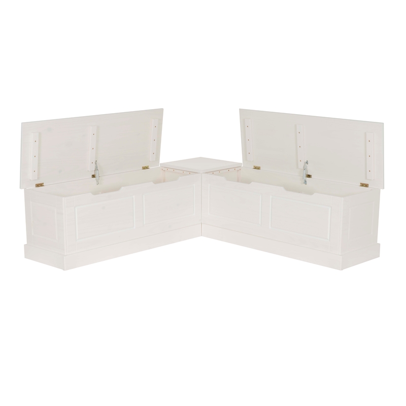 Linon Troyin Backless Corner Nook with Storage in Solid White Pine