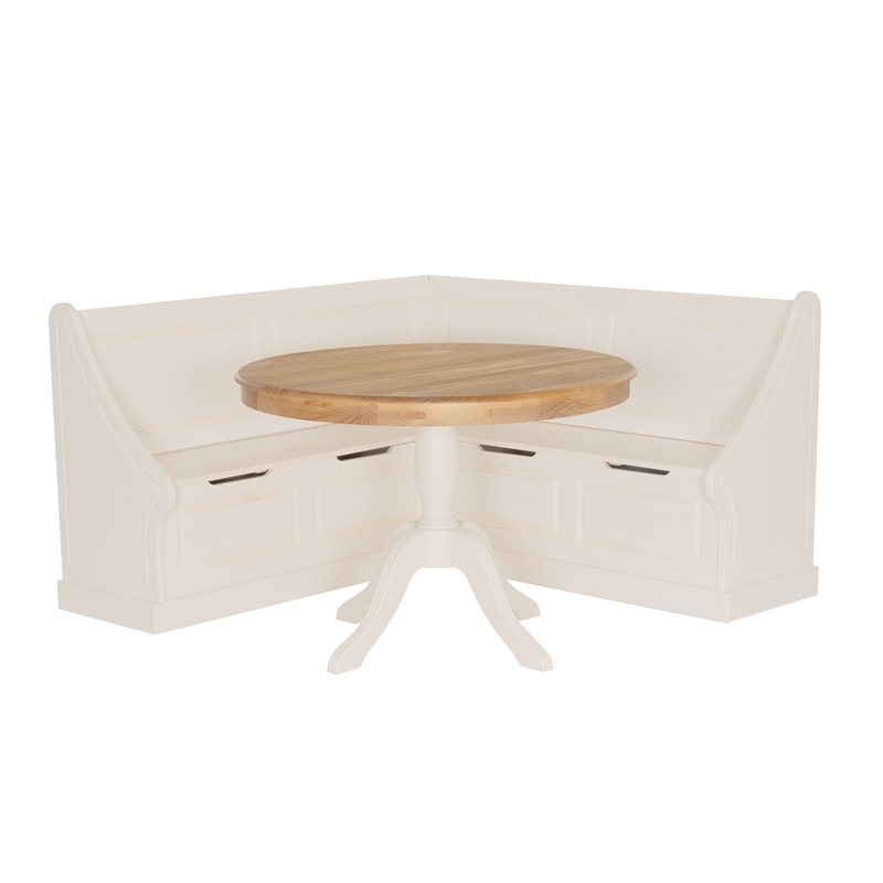 Linon Troyin Corner Storage Nook with 2 Tone Round Table in White/Natural Wood