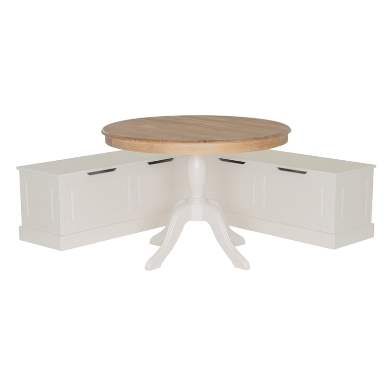 Linon Troyin Backless White Storage Nook and Round Table in White/Natural Wood