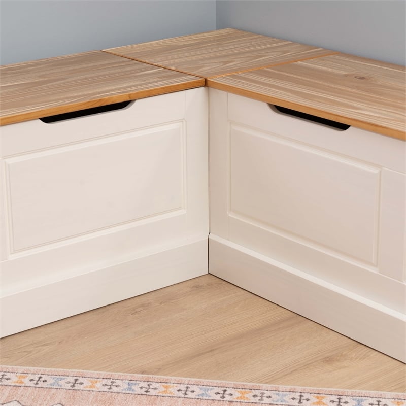 Linon Troyin Backless 2 Tone Storage Nook and Round Table in Natural/White Wood