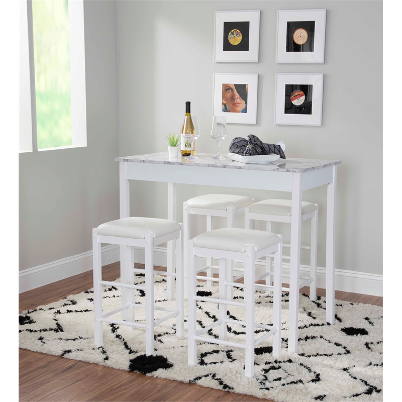 Linon Tifton Five Piece Wood Faux Marble Tavern Set in White