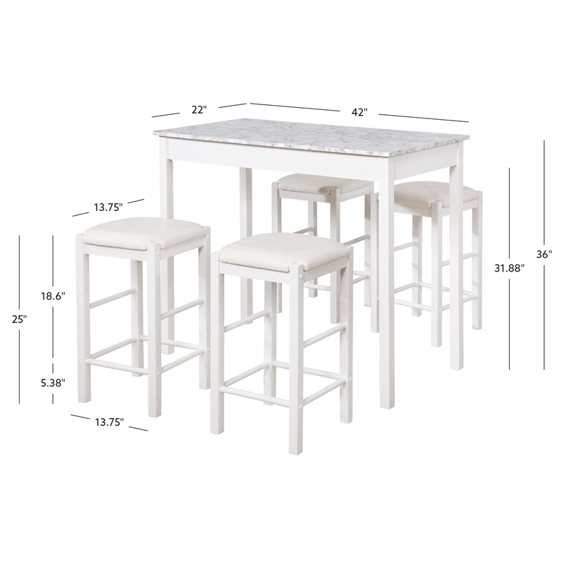 Linon Tifton Five Piece Wood Faux Marble Tavern Set in White