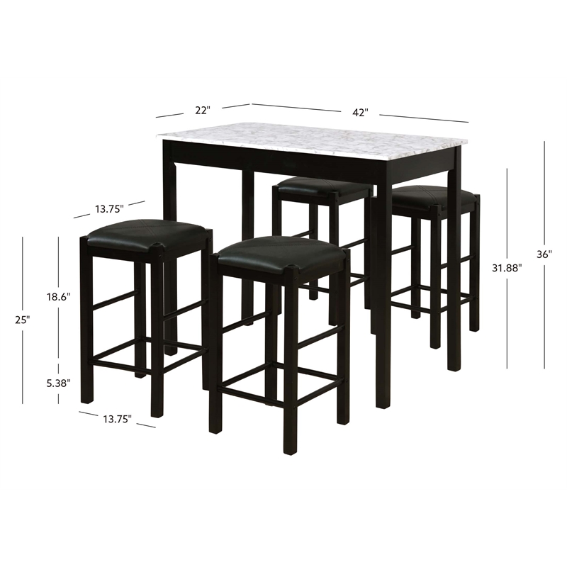 Linon Tifton Five Piece Wood Faux Marble Tavern Set in Black
