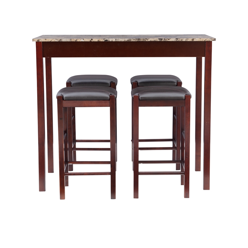Linon Tifton Five Piece Wood Faux Marble Tavern Set in Espresso