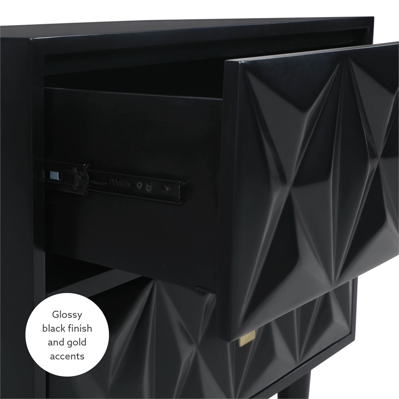 Linon Alick Wood Geo Texture 2 Drawer Nightstand Gold Hardware in Glossy Black