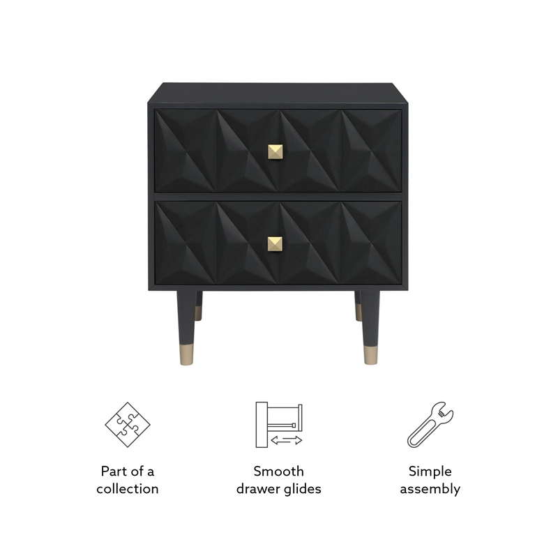 Linon Alick Wood Geo Texture 2 Drawer Nightstand Gold Hardware in Glossy Black