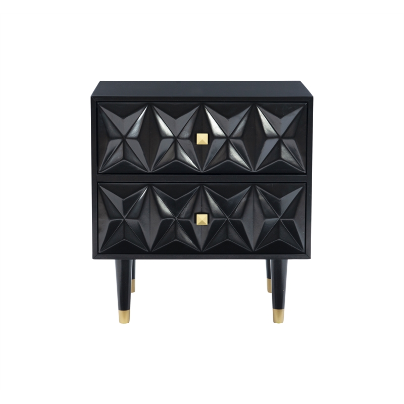 Linon Alick Wood Geo Texture 2 Drawer Nightstand Gold Hardware in Glossy Black