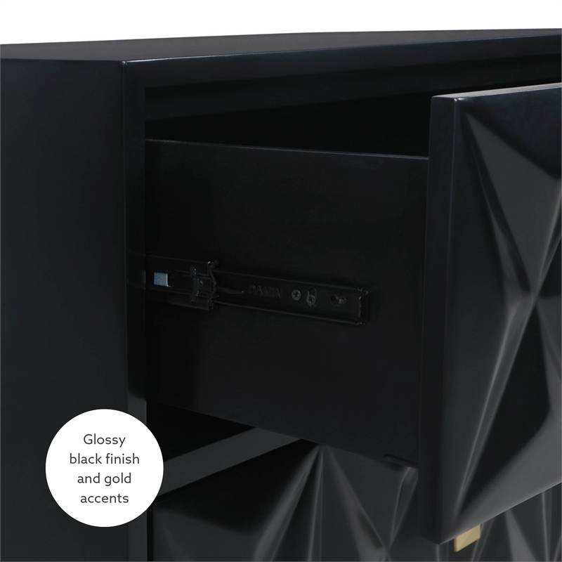 Linon Alick Wood Geo Texture 6 Drawer Dresser Gold Hardware in Glossy Black
