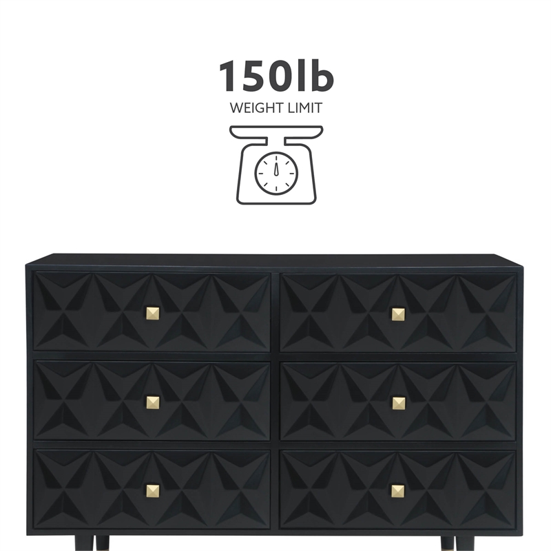 Linon Alick Wood Geo Texture 6 Drawer Dresser Gold Hardware in Glossy Black