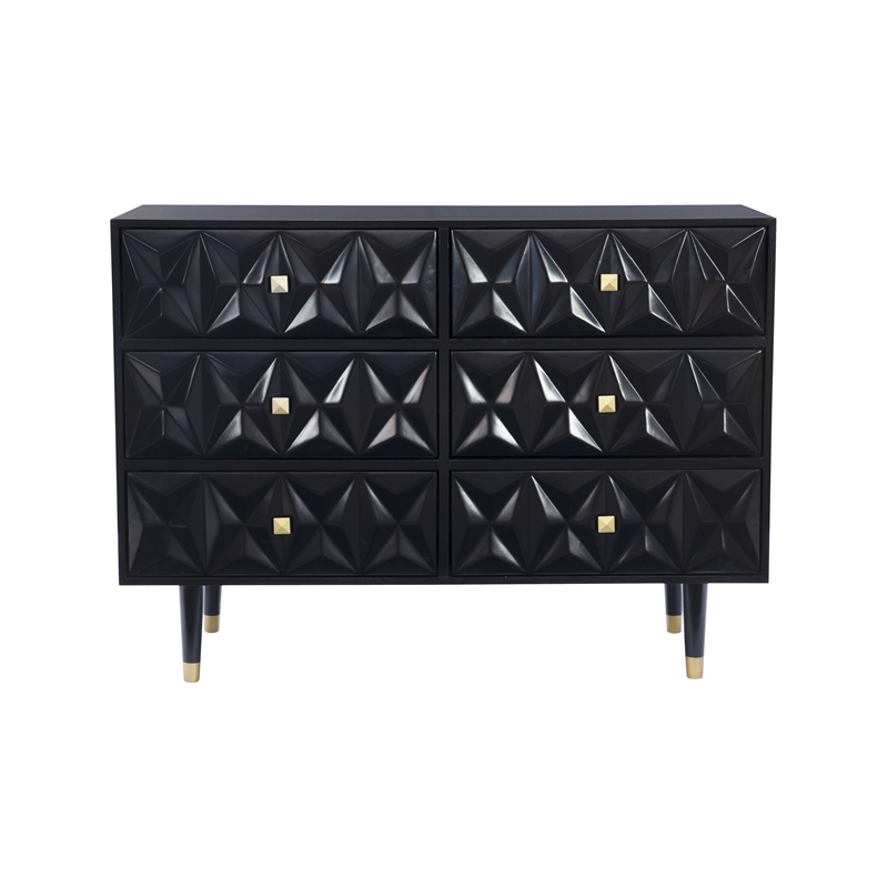 Linon Alick Wood Geo Texture 6 Drawer Dresser Gold Hardware in Glossy Black