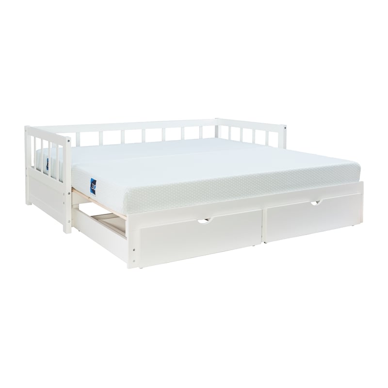 Linon Macey Twin to King Daybed 2 Spacious Drawers in White Pine Wood