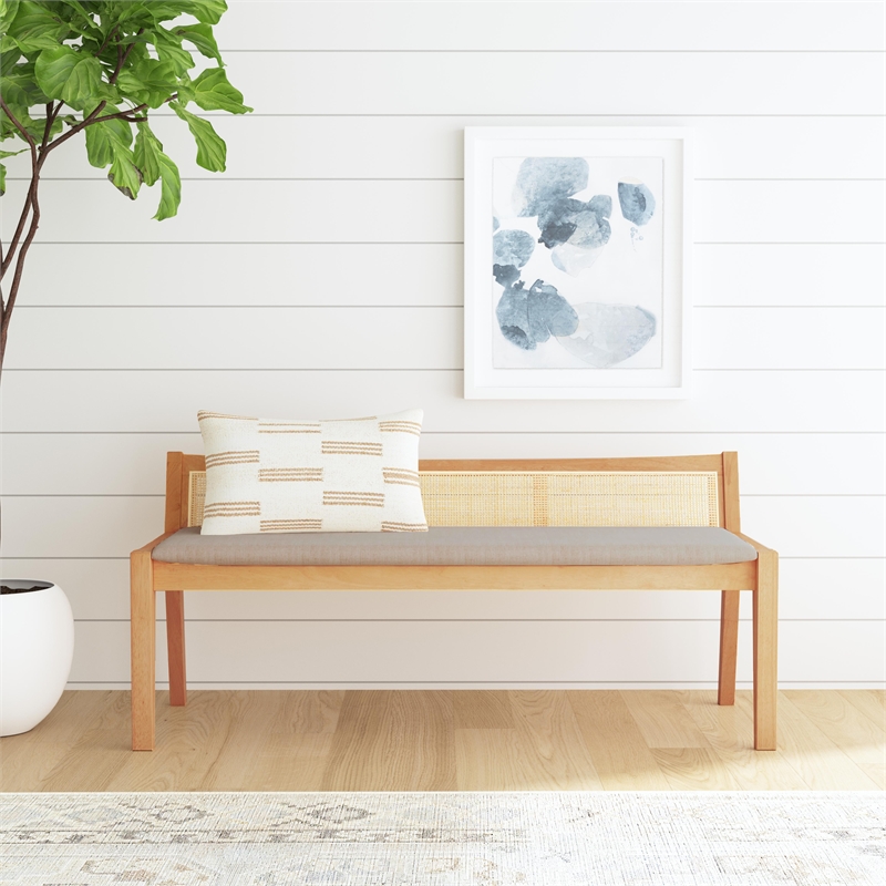 Linon Memphis Wood Bench Woven Cane Back Beige Padded Seat in Natural Finish