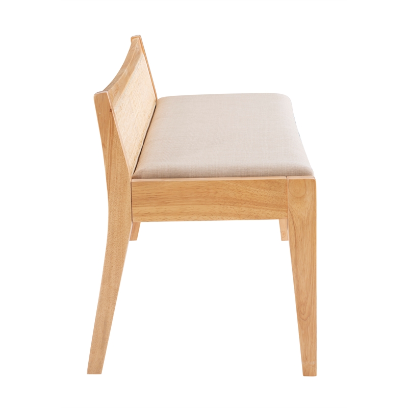 Linon Memphis Wood Bench Woven Cane Back Beige Padded Seat in Natural Finish