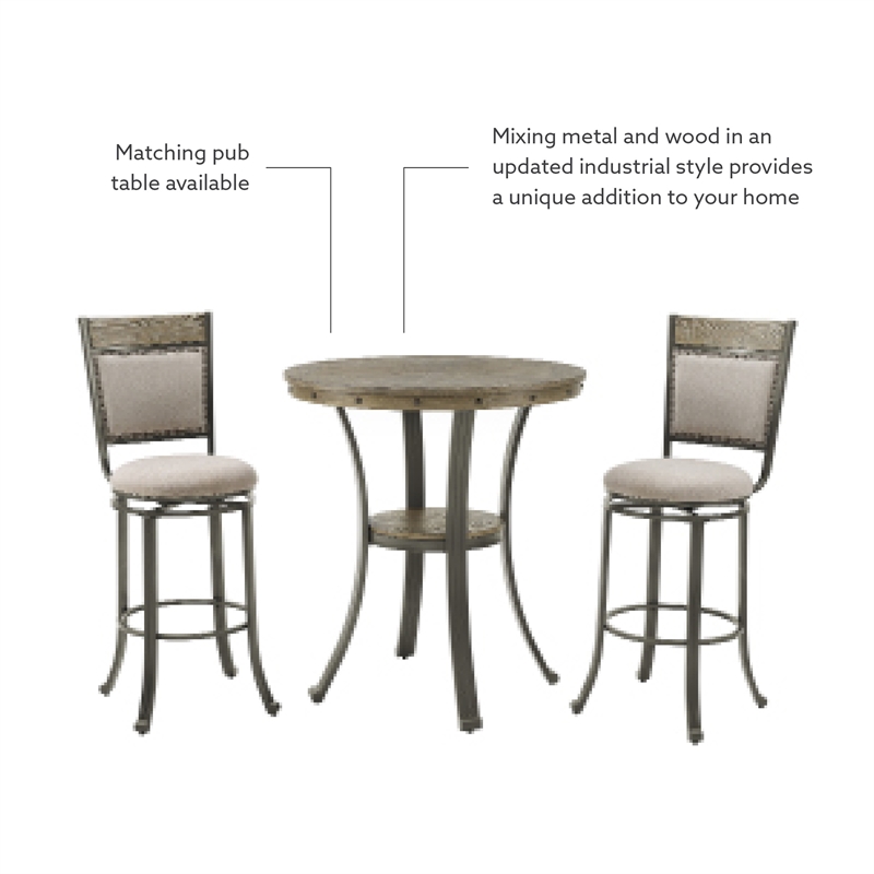Linon Franklin Swivel Upholstered Barstool Nailhead Trim Steel Frame in Pewter