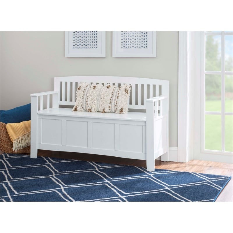 Linon Cynthia Slat Back Storage Bench in Glossy White Wood