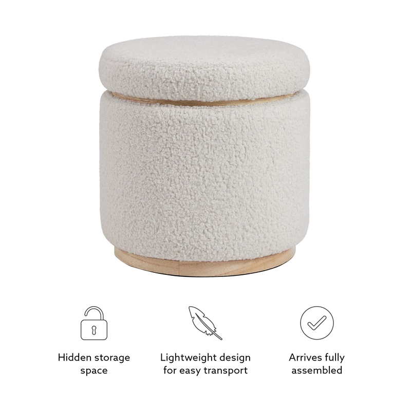 Linon Hawn Round Padded Storage Ottoman Light Wood Trim in Natural Sherpa Fabric