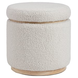 Linon Hawn Round Padded Storage Ottoman Light Wood Trim in Natural Sherpa Fabric