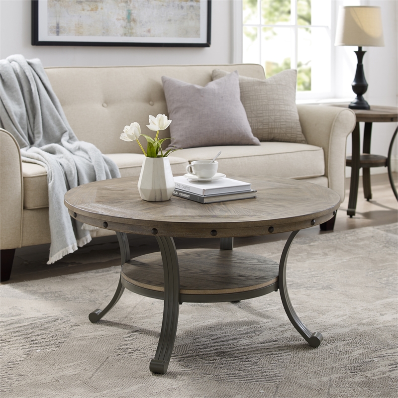 Linon Franklin Round Coffee Table Gray Wood Finish Steel Base in Pewter