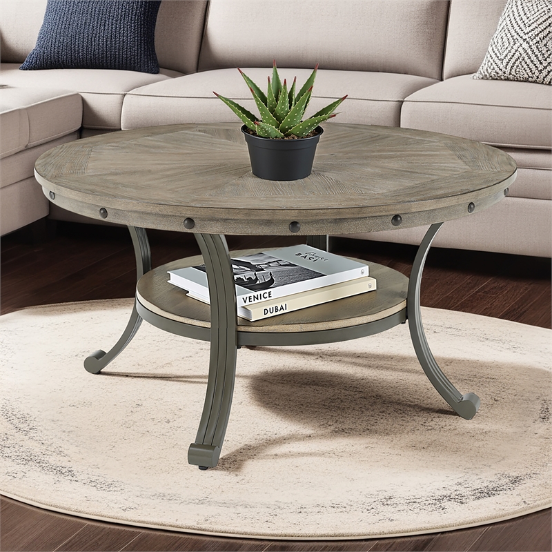 Linon Franklin Round Coffee Table Gray Wood Finish Steel Base in Pewter