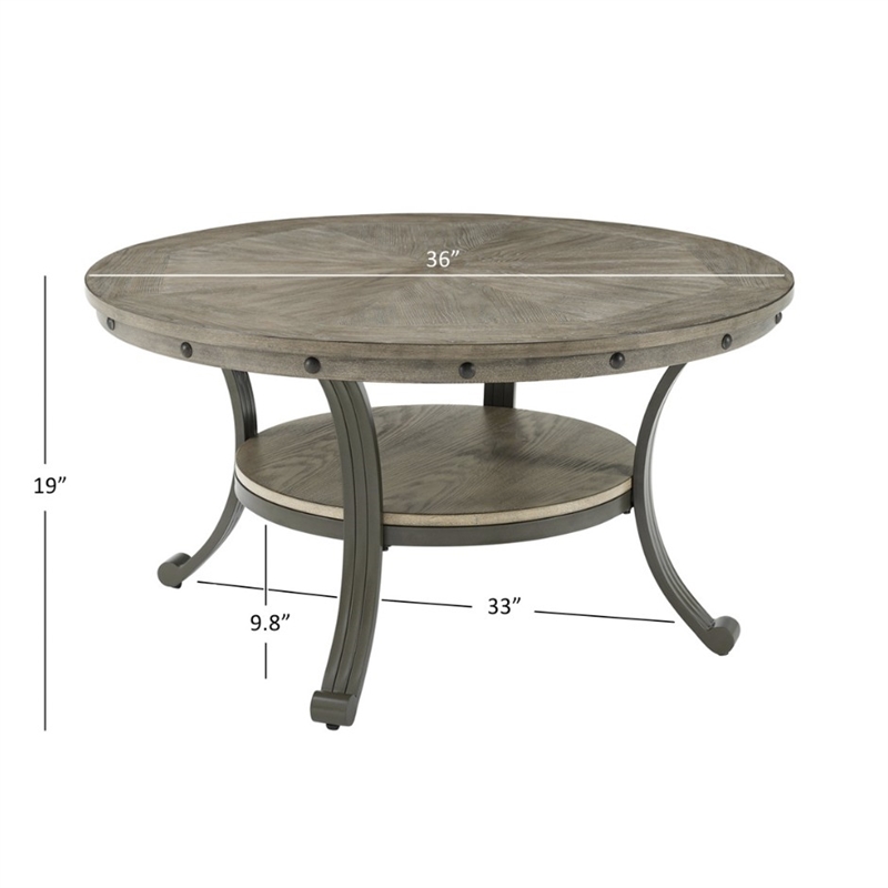 Linon Franklin Round Coffee Table Gray Wood Finish Steel Base in Pewter
