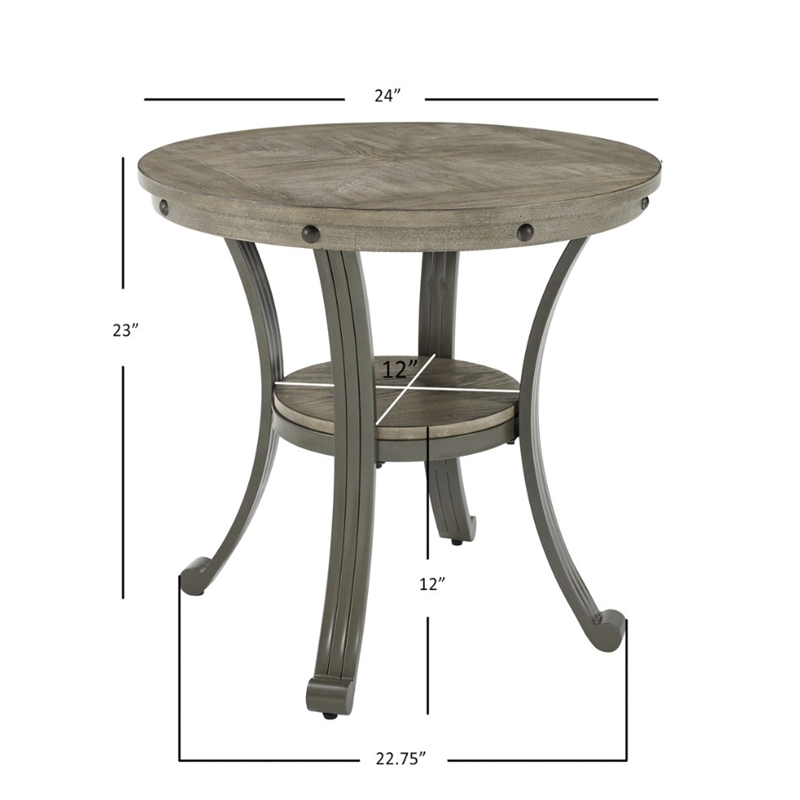 Linon Franklin Round Side Table Gray Wood Finish Steel Base in Pewter