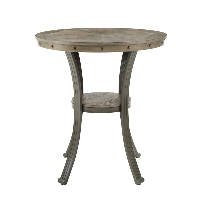 Linon Franklin Gray Wash Wood Upholstered 3 Piece Round Pub Set in Pewter Steel