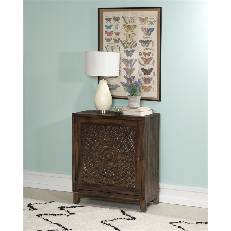 Linon Grace Storage Accent Cabinet Carved Medallion in Dark Brown Finished Wood