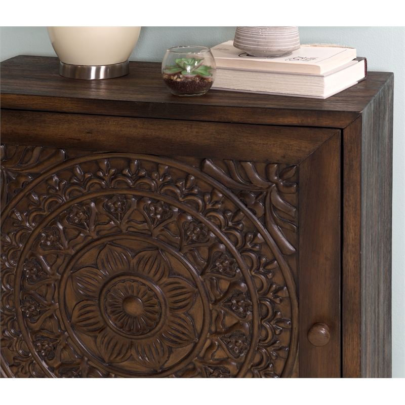 Linon Grace Storage Accent Cabinet Carved Medallion in Dark Brown Finished Wood
