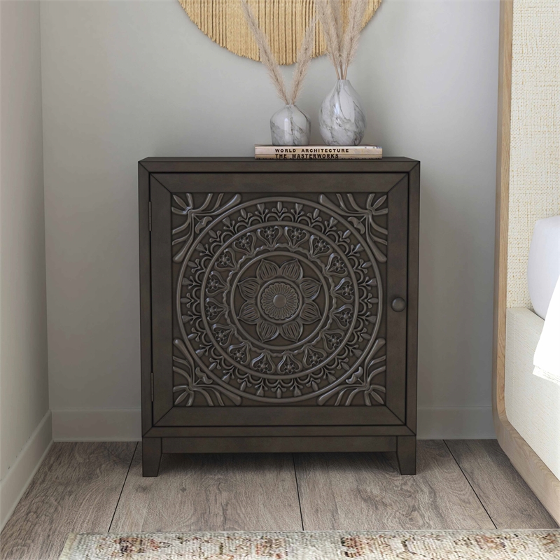 Linon Grace Storage Accent Cabinet Carved Medallion in Dark Gray Finished Wood