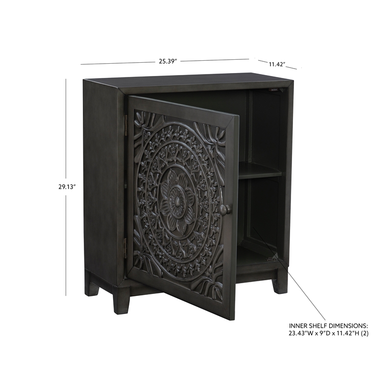 Linon Grace Storage Accent Cabinet Carved Medallion in Dark Gray Finished Wood