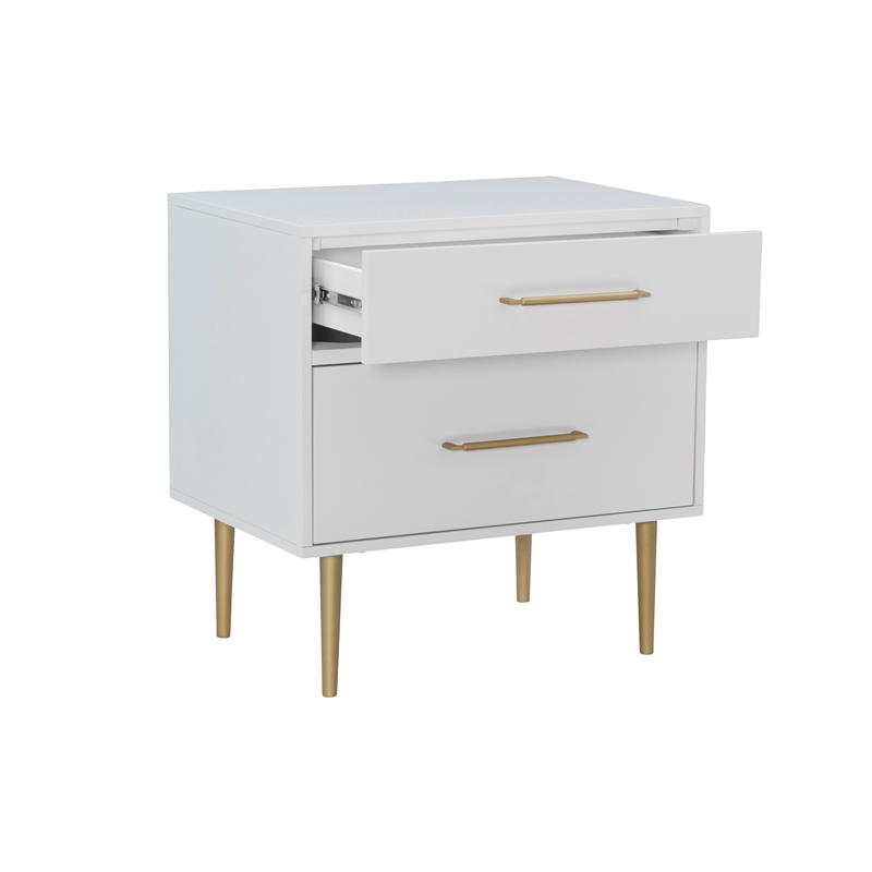 Linon Dylan Wood Nightstand with Two Drawers and Gold Accents in White