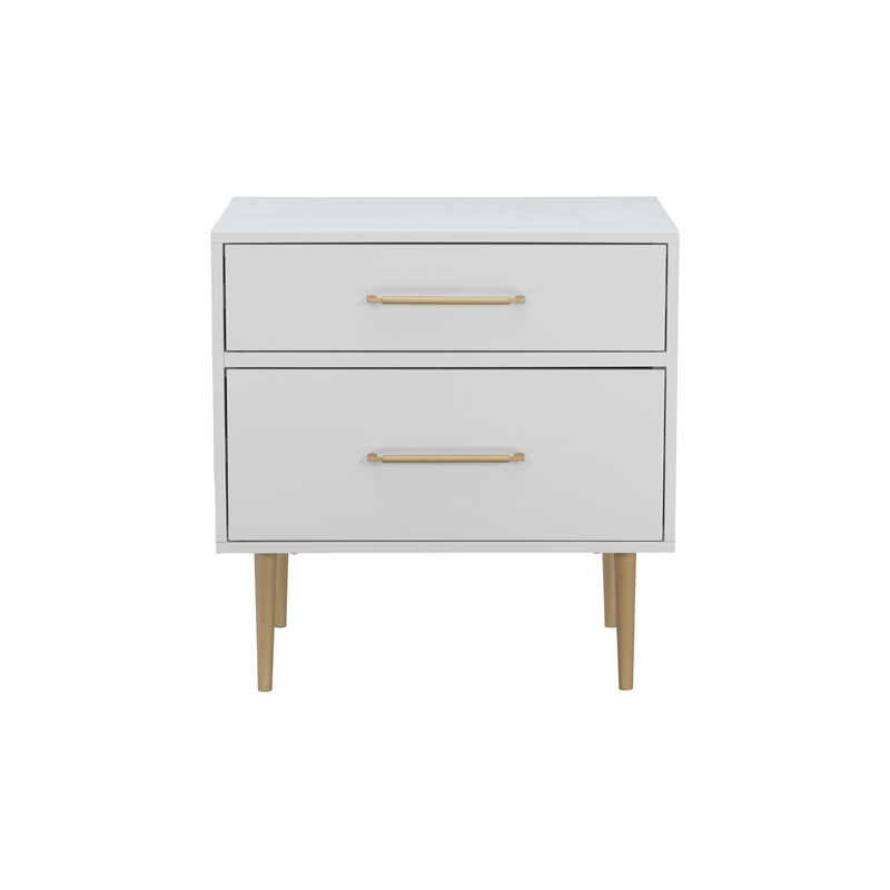 Linon Dylan Wood Nightstand with Two Drawers and Gold Accents in White