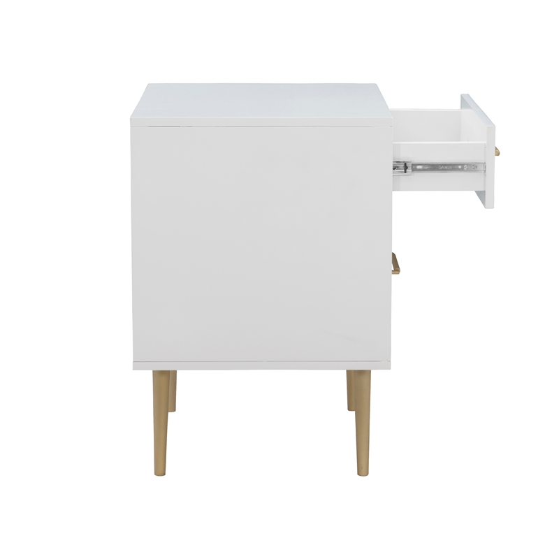 Linon Dylan Wood Nightstand with Two Drawers and Gold Accents in White