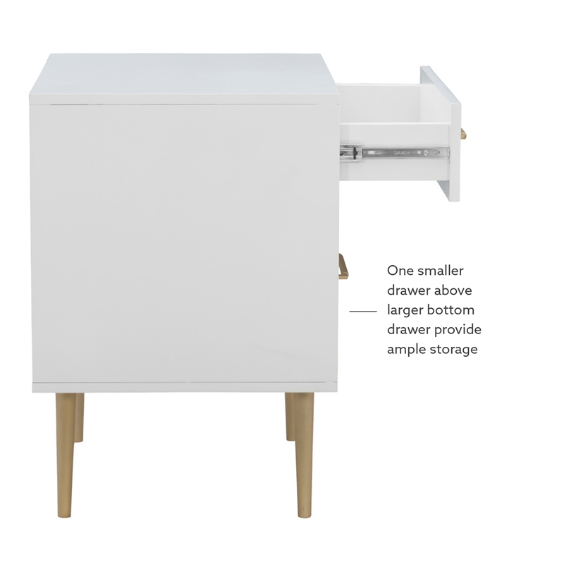Linon Dylan Wood Nightstand with Two Drawers and Gold Accents in White