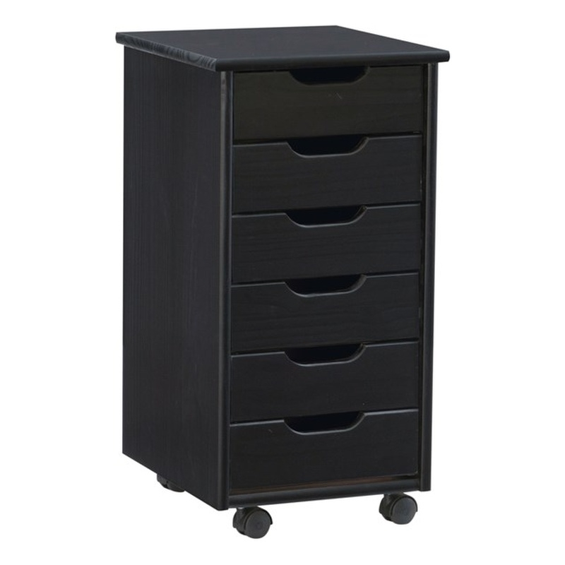 Linon Callie Black Six Drawer Rolling Storage Cart in Black Wood