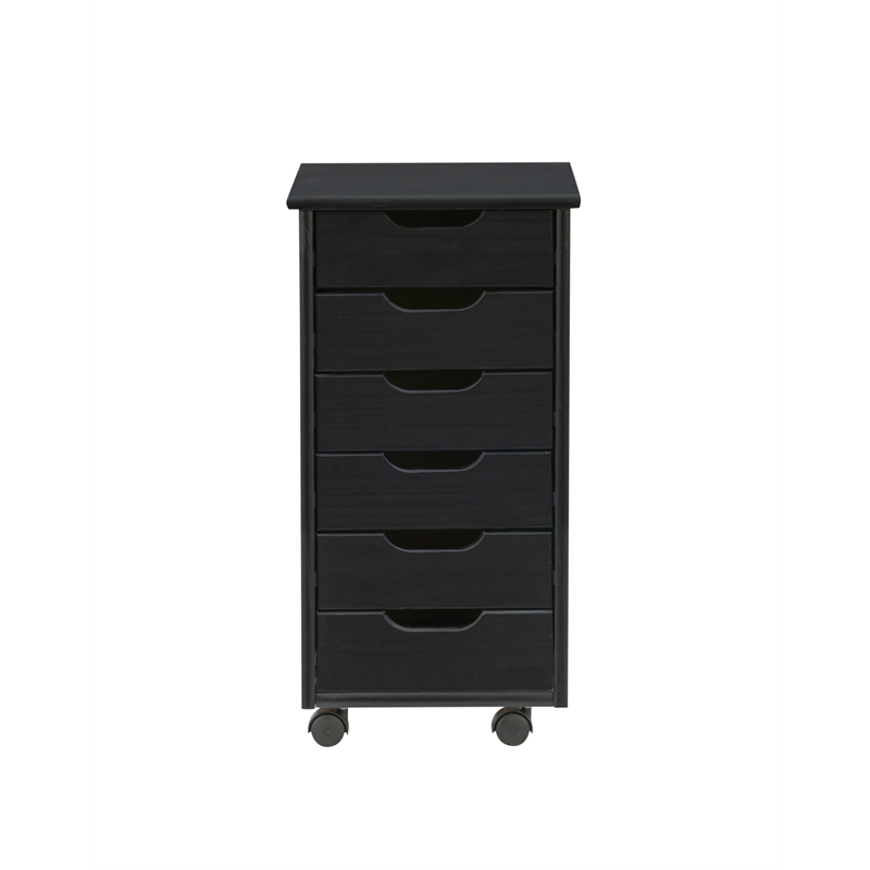 Linon Callie Black Six Drawer Rolling Storage Cart in Black Wood