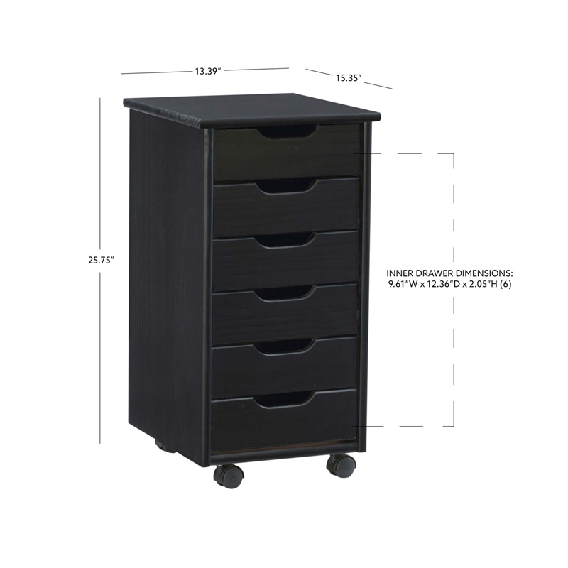 Linon Callie Black Six Drawer Rolling Storage Cart in Black Wood